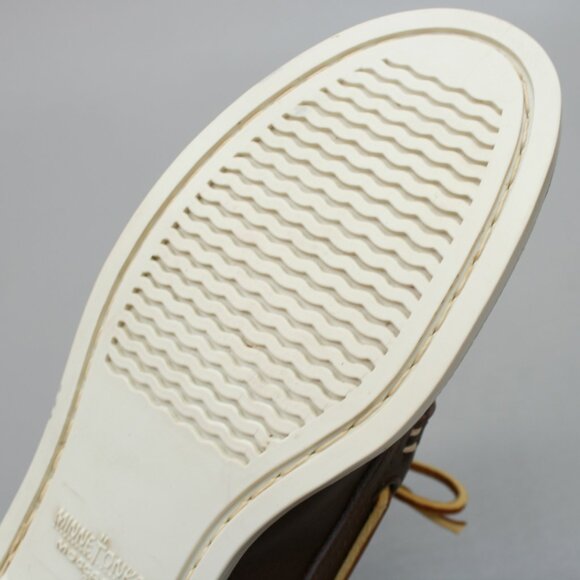 Minnetonka Ladies 7.5 Brown Leather Moccasin Loafers Slip on Boat Dock Shoes - Picture 10 of 12